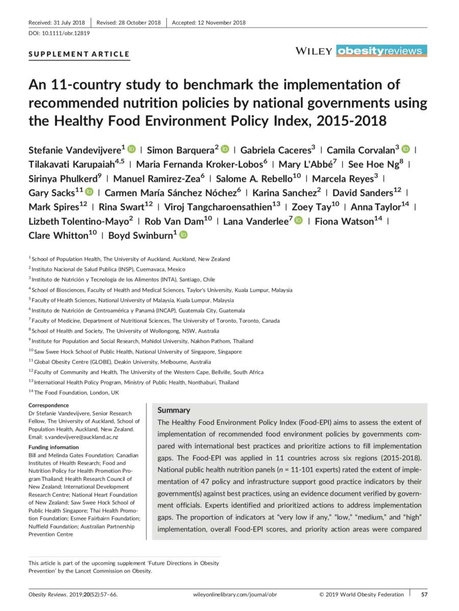 An 11‐country study to benchmark the implementation of recommended nutrition policies