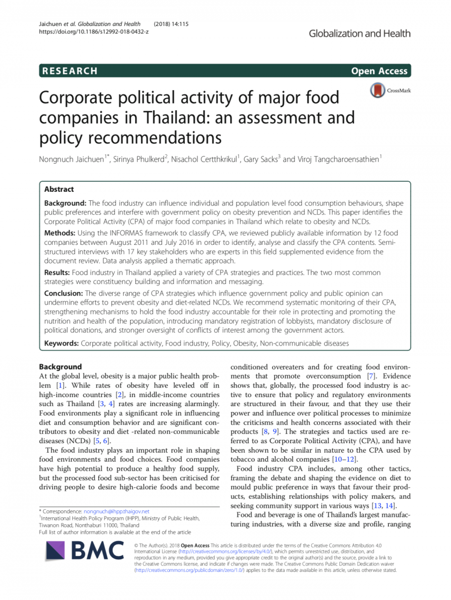 Corporate political activity of major food companies in Thailand: an assessment and policy recommendations